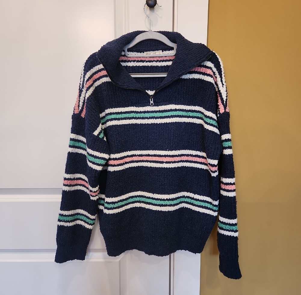New In Navy Fuzzy Crewneck Sweater with White, Green and Pink Stripes